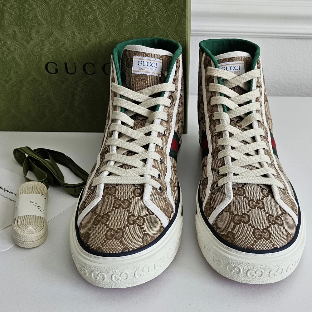 New Gucci Men's GG Tennis 1977 Brown High-Top Sneakers - Size 11